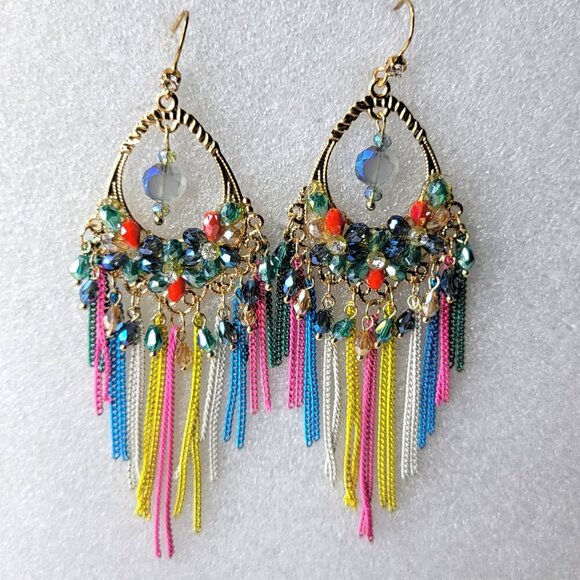 Colourful Crystals Long Tassel Earrings - Picture 3 of 7
